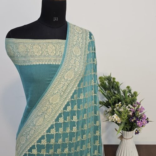 Teal Blue Pure Banarasi Khaddi Georgette Saree