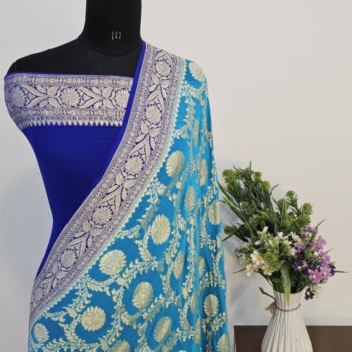 Turquoise Pure Banarasi Khaddi Georgette Saree