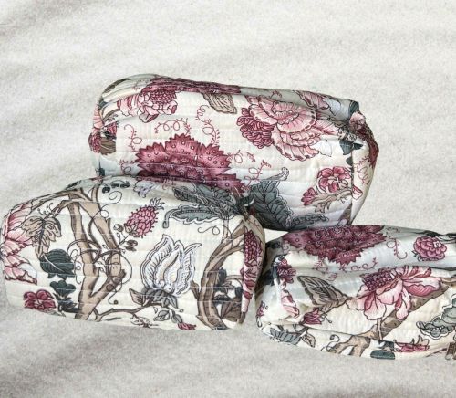 Hand Printed Quilted Cotton Travel Pouch Set