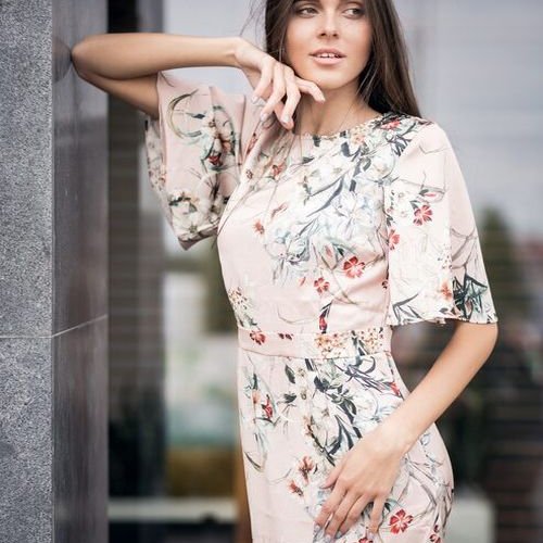 Ladies Beige Floral Bodycon Midi Dress