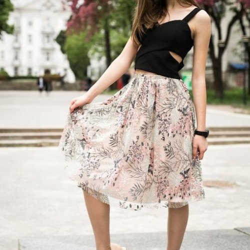 Ladies Black Floral Casual Top Skirt Set