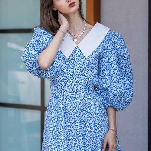 Ladies Blue Printed Casual Wear Collar Short Dress