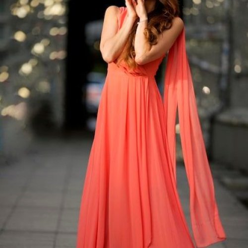 Ladies Coral Pink Party Wear Sleeveless Flare Gown
