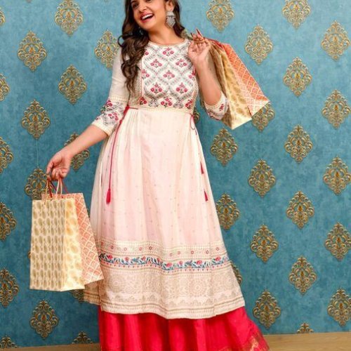 Ladies Cream Embroidered Anarkali Kurti