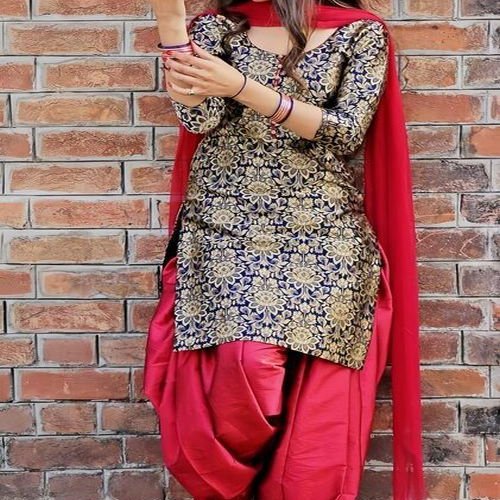 Ladies Floral Brocade Kurti Patiala Dupatta Set