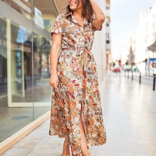Ladies Floral Printed Belted Maxi Shirt Dress