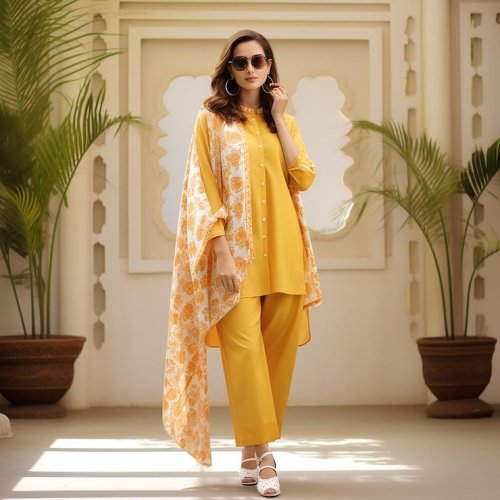 Ladies Golden Glow Straight Kurti Pant Dupatta Set