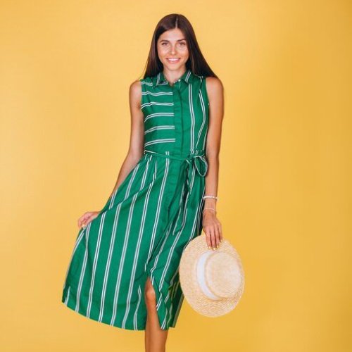 Ladies Green Striped Casual Midi Dress