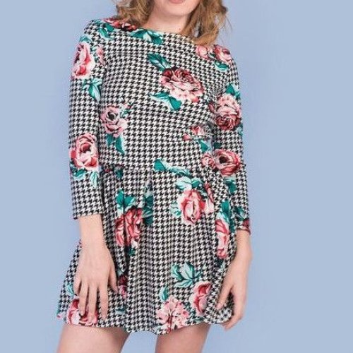 Ladies Houndstooth Floral Fit And Flare Mini Dress