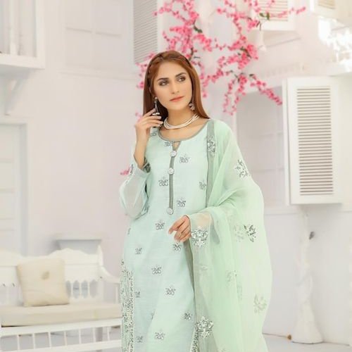 Ladies Mint Green Embroidered Palazzo Suit Set