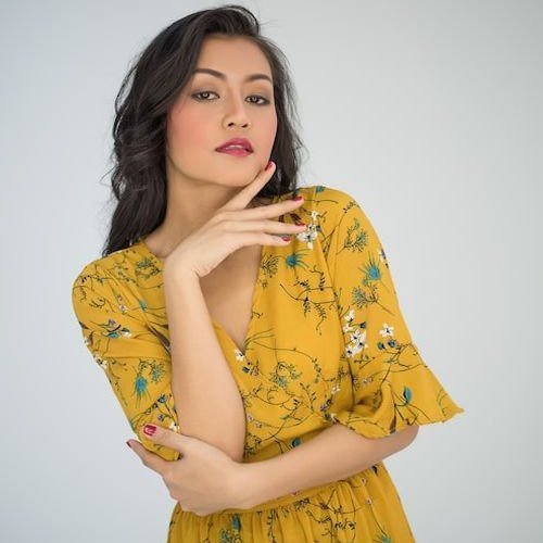 Ladies Mustard Floral V Neck Midi Dress