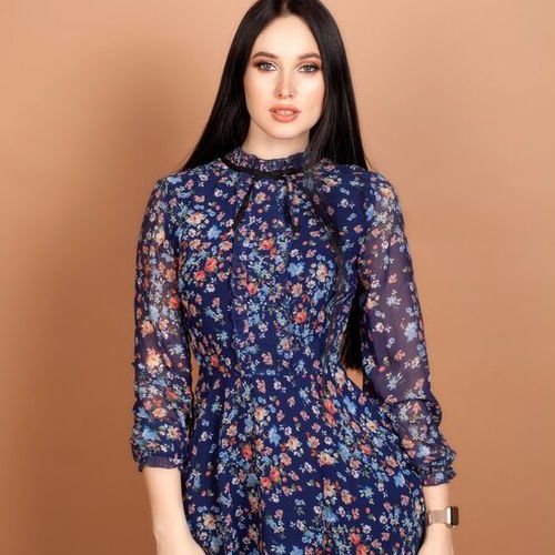 Ladies Navy Floral High Neck A Line Dress