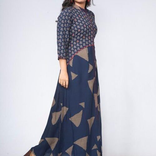Ladies Navy Printed Anarkali Long Kurti Dress