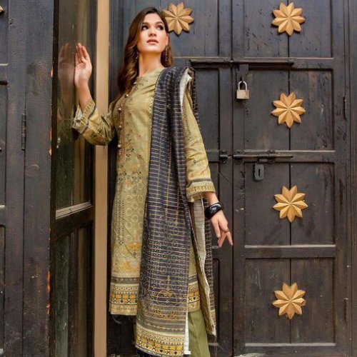 Ladies Olive Printed Kurti Pant Dupatta Set