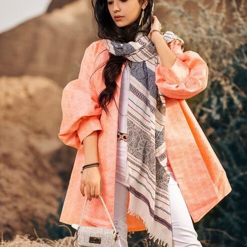 Ladies Peach Designer Long Shrug Jacket