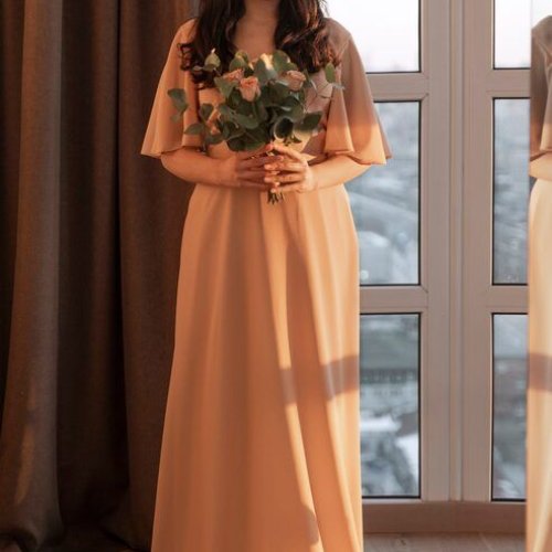Ladies Peach Solid Party Gown Dress