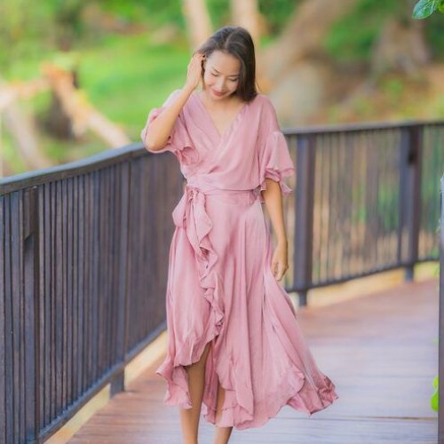 Ladies Pink Casual Wear Wrap Style Midi Dress