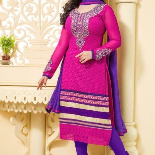 Ladies Pink Embroidered Churidar Suit Dupatta Set