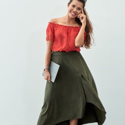 Ladies Red & Green Casual Wear Top Skirt Set