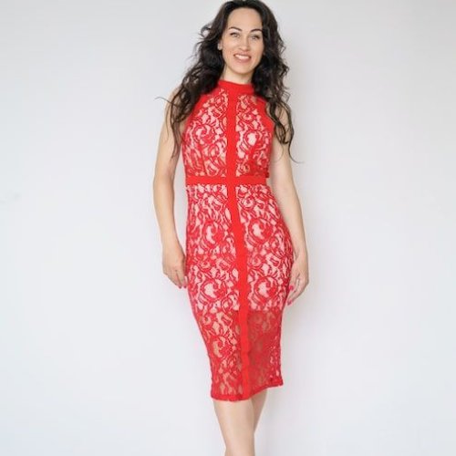 Ladies Red Lace Party Midi Dress