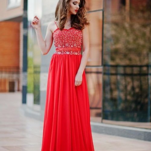 Ladies Red Party Wear Embroidered Flare Gown