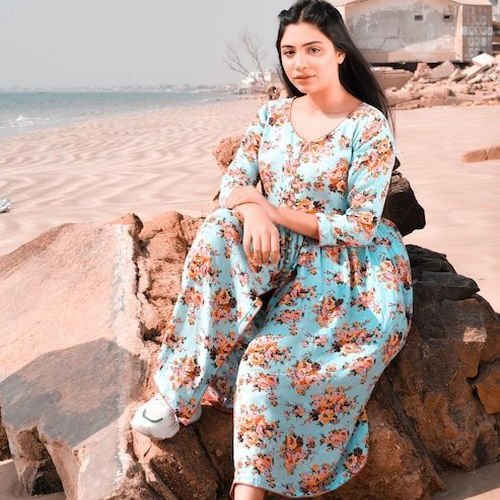 Ladies Sky Blue Floral Anarkali Maxi Dress