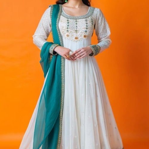 Ladies White Embroidered Anarkali Gown With Dupatta