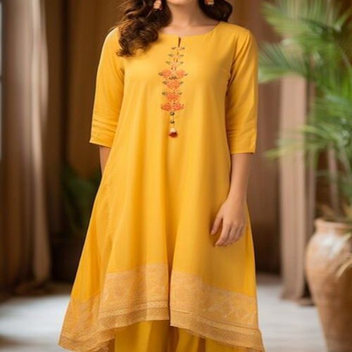 Ladies Yellow Embroidered Kurti Palazzo Set