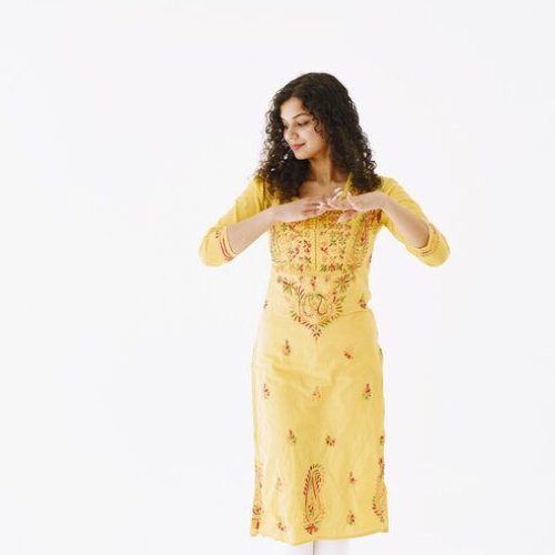Ladies Yellow Embroidered Straight Cotton Kurti