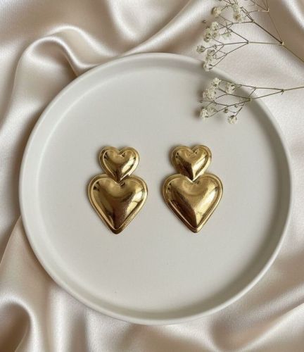 Gold Plated 18k Stacked Double Heart Stud Earrings