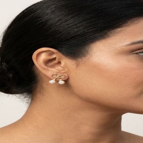 Gold Plated Bow Pearl Stud Earrings