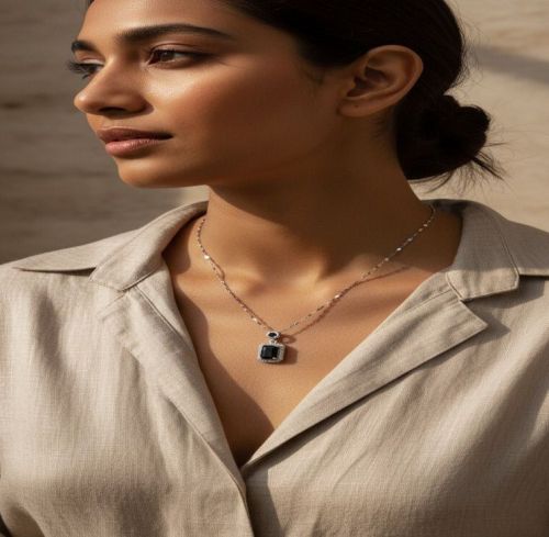 Silver Plated Emerald Cut Black Gemstone Pendant Necklace