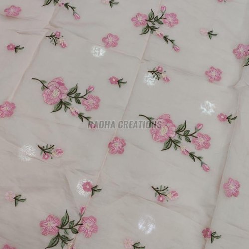 Cream Pink Floral Bunch Embroidery Fabric