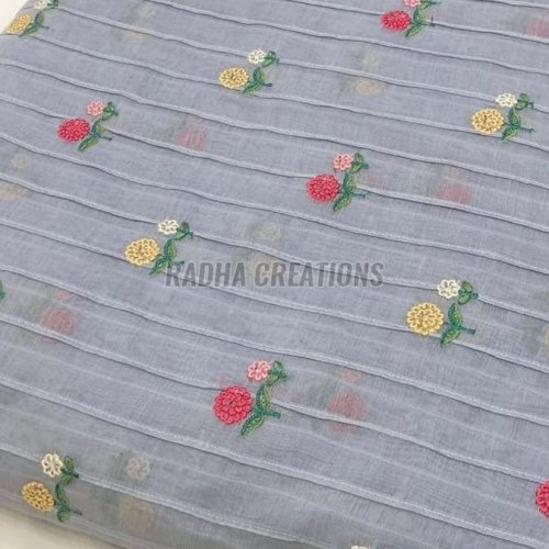 Grey Striped Floral Buti Embroidery Fabric