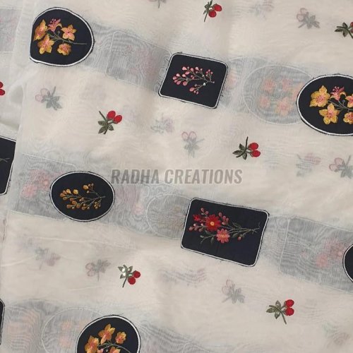 Ivory Navy Patch Floral Embroidery Fabric