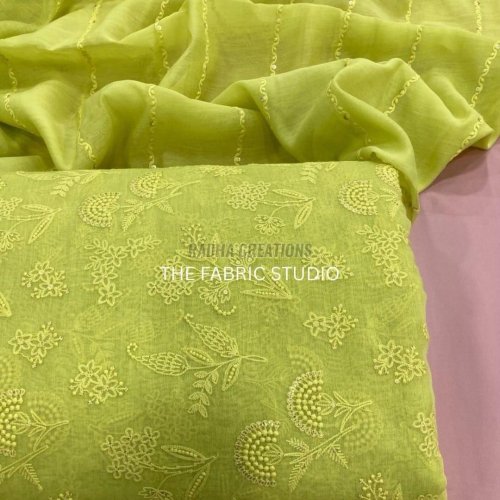 Lime Green Self Floral Embroidery Fabric