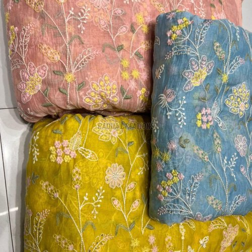 Mustard Floral Thread Embroidery Fabric Mustard Floral Thread Embroidery Fabric