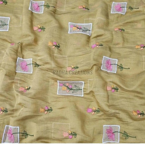 Olive Floral Patch Embroidery Fabric