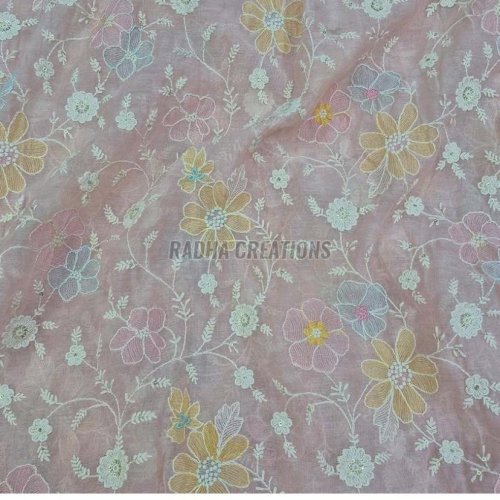 Pastel Pink Multicolor Floral Embroidered Designer Fabric