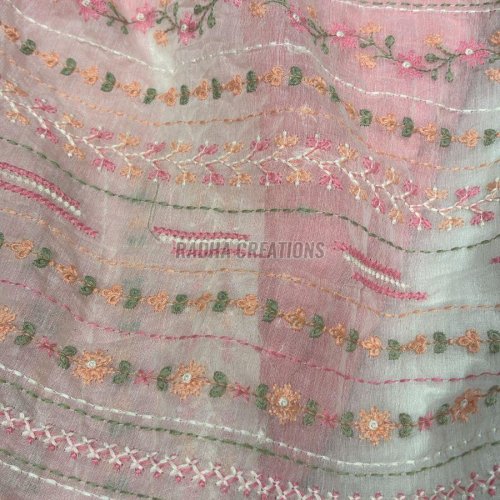 Pink Floral Stripe Embroidery Organza Fabric