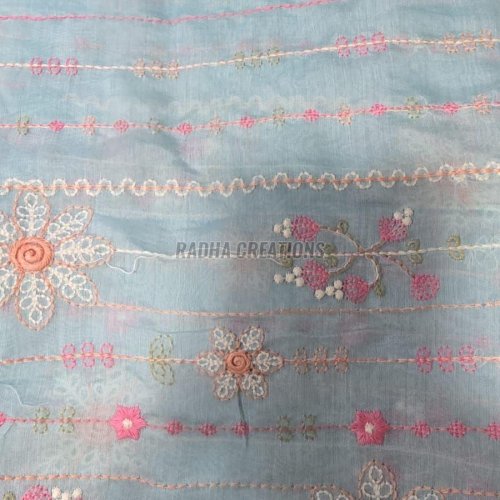 Sky Blue Striped Floral Embroidery Fabric