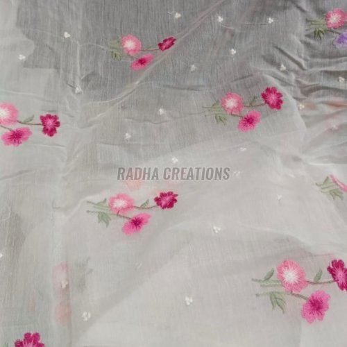 Soft Ivory Floral Butti Embroidered Sheer Fabric