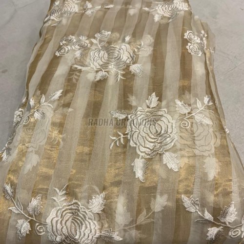Striped Floral Embroidery Designer Fabric