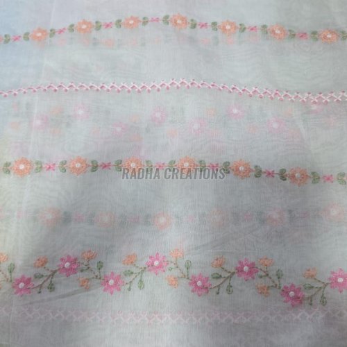 White Floral Stripe Embroidery Fabric