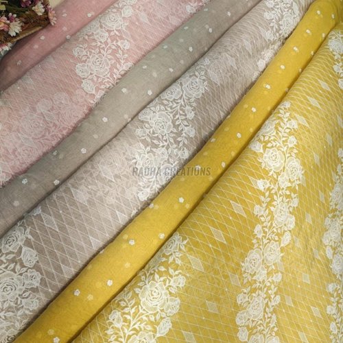 Yellow Floral Jaal Embroidery Fabric