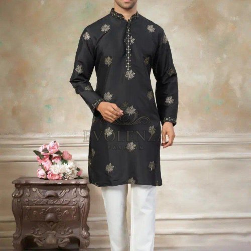 Black Ethnic Motif Embroidered Kurta Set for Men