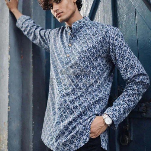 Blue Geometric Printed Men Short Kurta