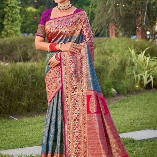 Blue Pink Rajvanshi Elegance Banarasi Silk Saree