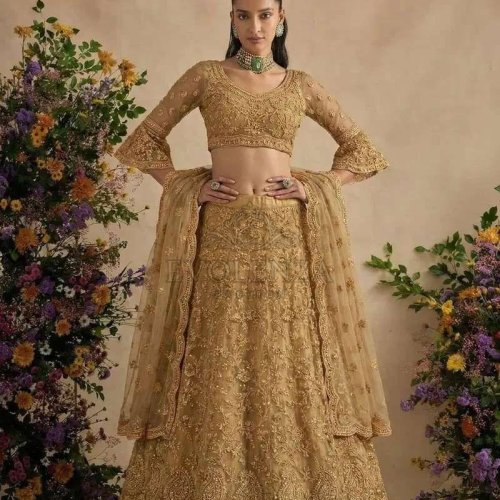 Gold Beige Butterfly Net Bridal Lehenga Choli
