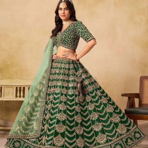 Green Embroidered Art Silk Lehenga Choli